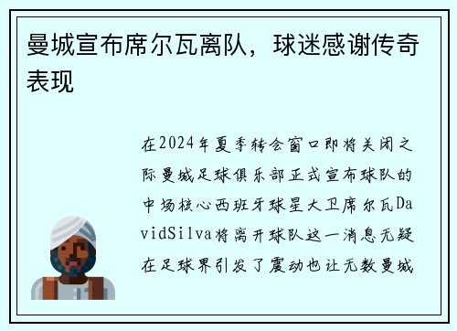 曼城宣布席尔瓦离队，球迷感谢传奇表现